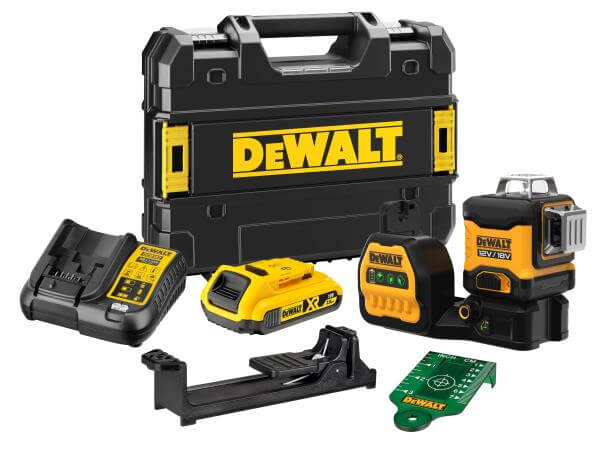 Laser multilinea verde DeWALT con accessori, batteria e caricabatteria in valigia robusta.