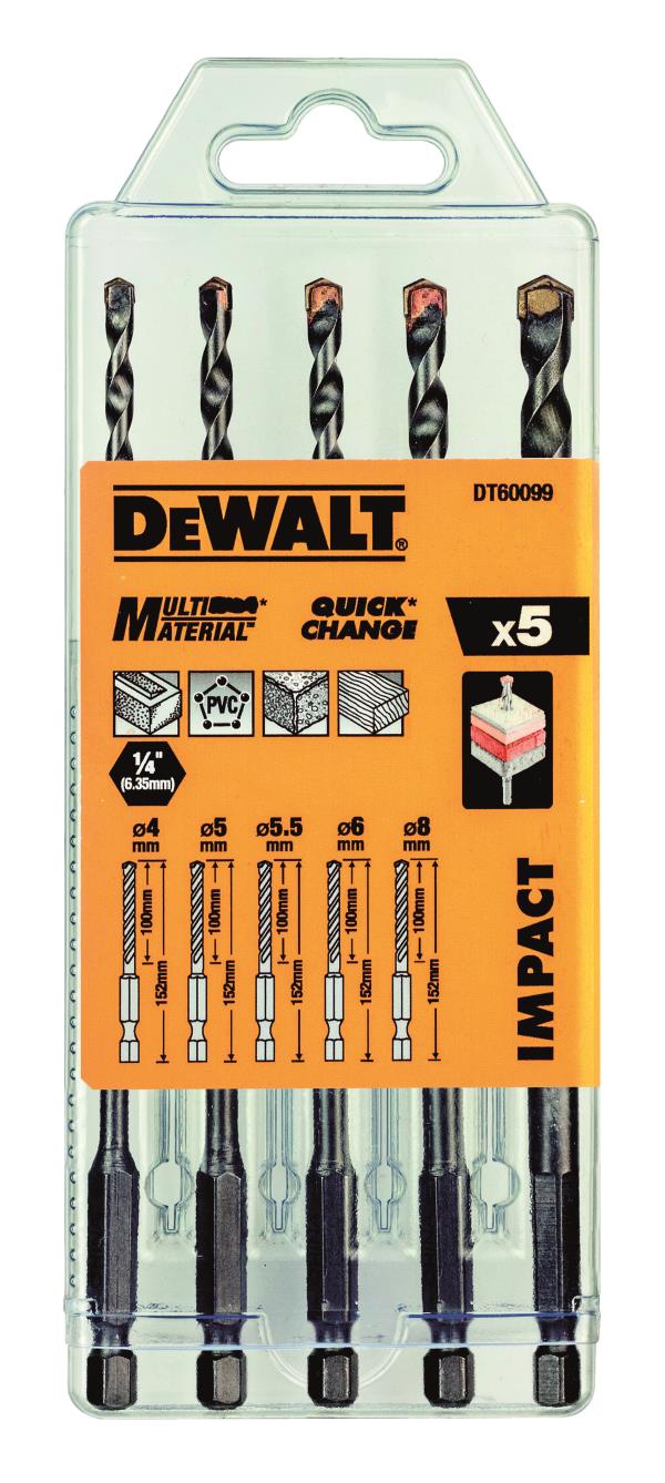 Set 5 Punte Multimateriale Muro-Legno-PVC Attacco esagonale ¼" DeWALT DT60099-QZ