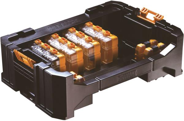 Contenitore compatibile con il sistema TSTAK dotato di impugnatura di trasporto integrata e di DeWALT DT70716-QZ