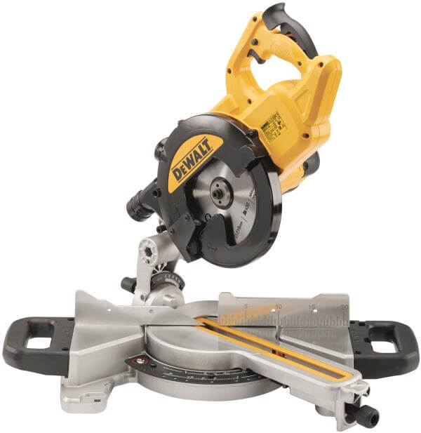 Troncatrice radiale DeWALT 216mm con motore potente e sistema di tracciatura XPS per tagli precisi.