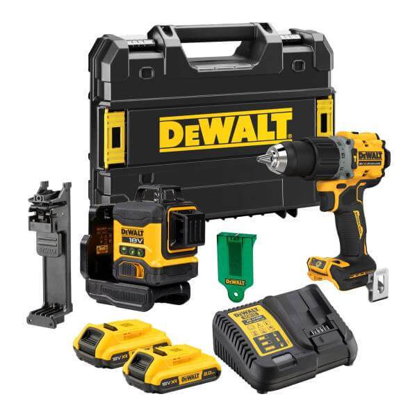 DeWALT DCK2095D2T-QW - KIT trapano percussione DCD805 + DCLE34031 Laser 3x360° + 1 batteria XR 18V 5Ah + caricabatteria DeWALT