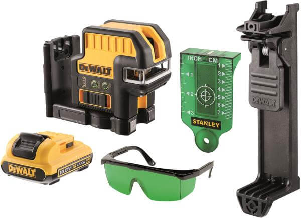 Tracciatore laser verde DeWALT con accessori e occhiali, precisione e tecnologia autolivellante.