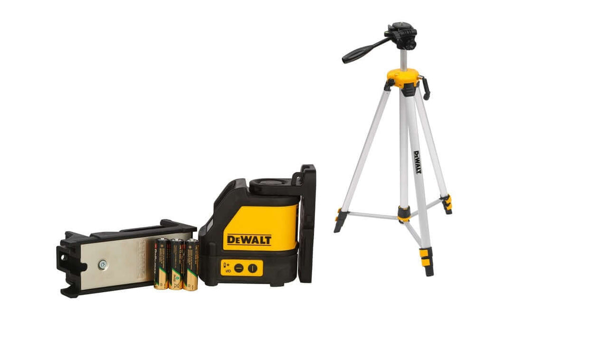 tracciatore laser DeWALT con mini treppiede e accessori, perfetto per misurazioni precise.