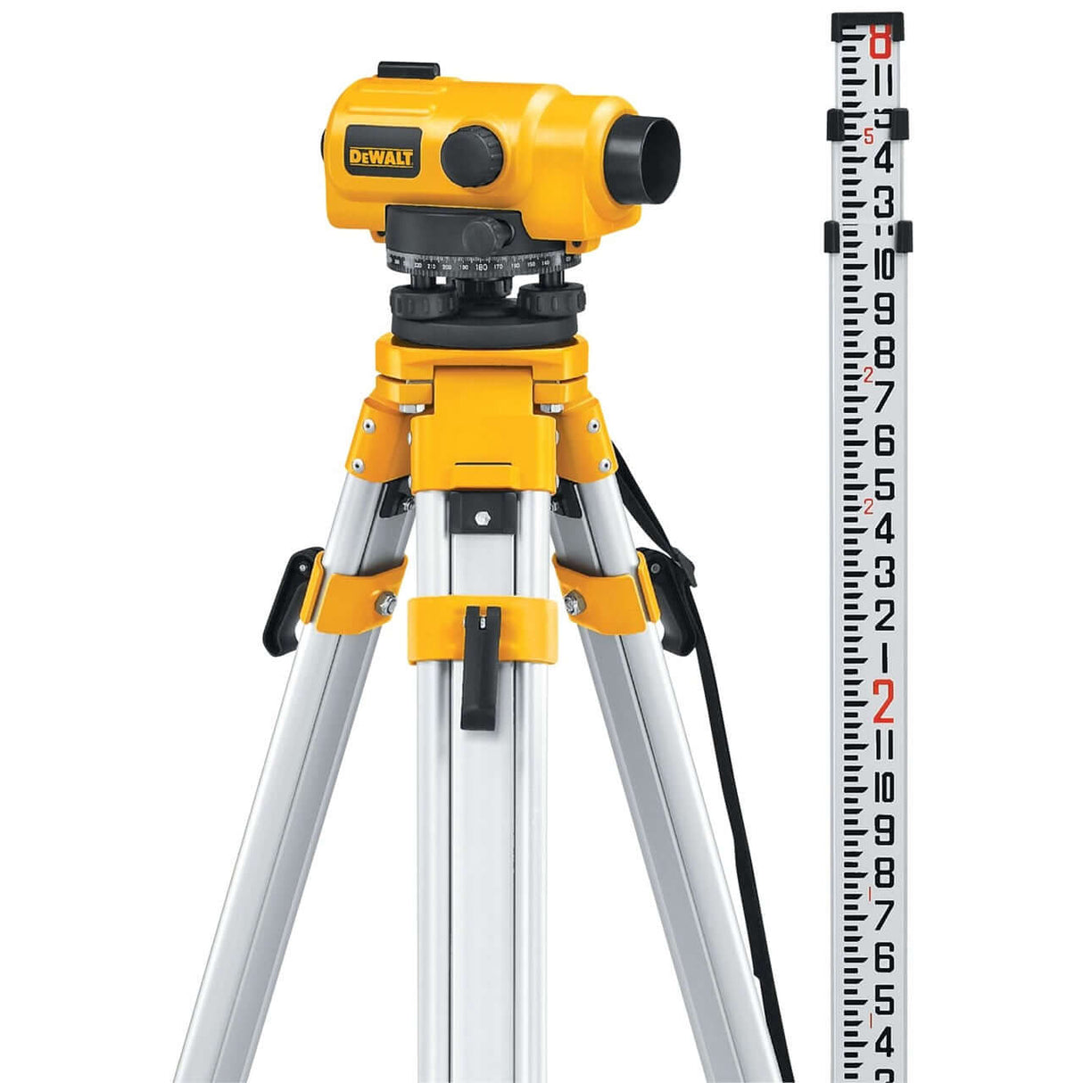 Livello ottico autolivellante DeWALT 26X su treppiede con stadia graduata in evidenza.