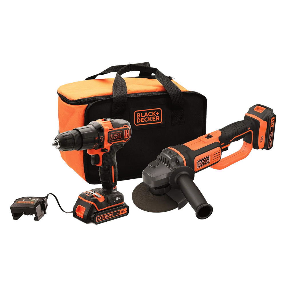 BLACK DECKER TRAPANO AVVITATORE A BATTERIA CON PERCUSSIONE + SMERIGLIATRICE IN SET 'BCK24D2S-QW' 18V - 2 ah Litio