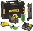 tracciatore laser verde DeWALT con custodia, batteria, caricabatteria e supporto per utilizzo professionale.