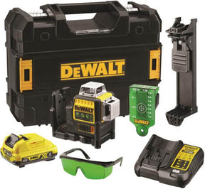 Tracciatore linee laser verde DeWALT con batteria, caricabatterie, occhiali e accessori in valigetta