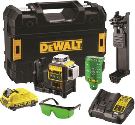 Tracciatore linee laser verde DeWALT con batteria, caricabatterie, occhiali e accessori in valigetta
