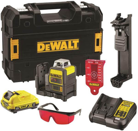 tracciatore linee laser DeWALT 10,8V con accessori in valigia, batteria XR e supporto.