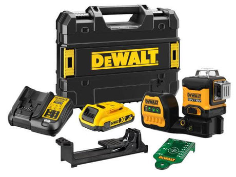 Laser multilinea verde DeWALT con accessori, batteria e caricabatteria in valigia robusta.