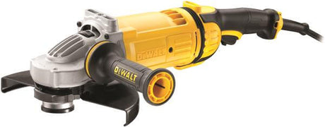 Smerigliatrice angolare DeWALT 230mm con 2400W, 6500 giri/min, sistema eliminazione polveri, leggera e potente.