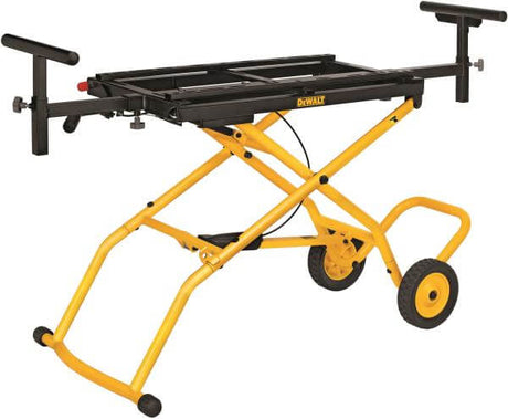 Cavalletto di supporto universale estendibile DeWALT con capacità di carico di 135kg e ruote per il trasporto facile.