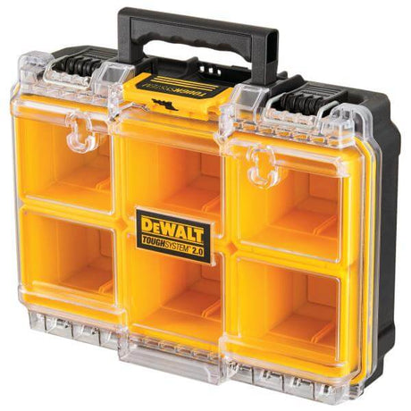 organizer porta minuteria DeWALT con 6 contenitori e coperchio trasparente, robusto e funzionale.