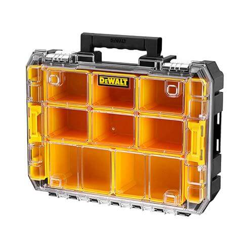 unità porta minuterie DeWALT TSTAK V con coperchio trasparente e interni modulabili.
