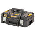 scatola porta elettroutensili DeWALT TSTAK II con maniglia e cerniere metalliche, design robusto e impermeabile.