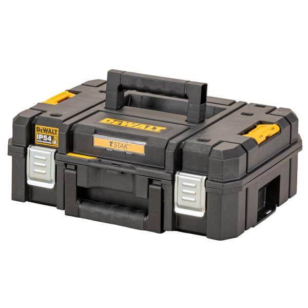 scatola porta elettroutensili DeWALT TSTAK II con maniglia e cerniere metalliche, design robusto e impermeabile.