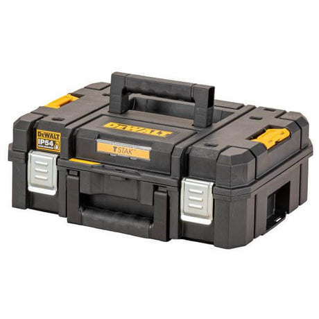 scatola porta elettroutensili DeWALT TSTAK II con maniglia e cerniere metalliche, design robusto e impermeabile.