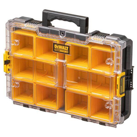 organizer DeWALT TOUGHSYSTEM 2.0 con coperchio trasparente, chiusure intuitive per un facile utilizzo.