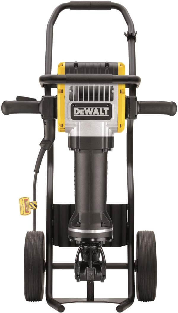 martello demolitore DeWALT 2100W montato su carrello con ruote, design ergonomico e potente.