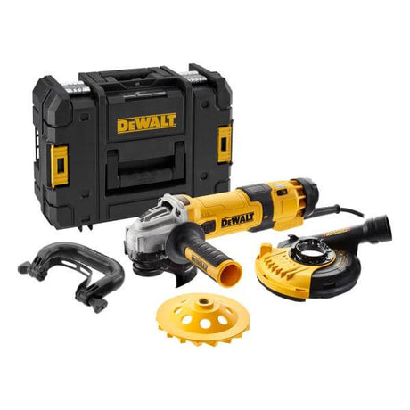 kit di copertura surfacing DeWALT 125mm con smerigliatrice e accessori in valigia di trasporto.
