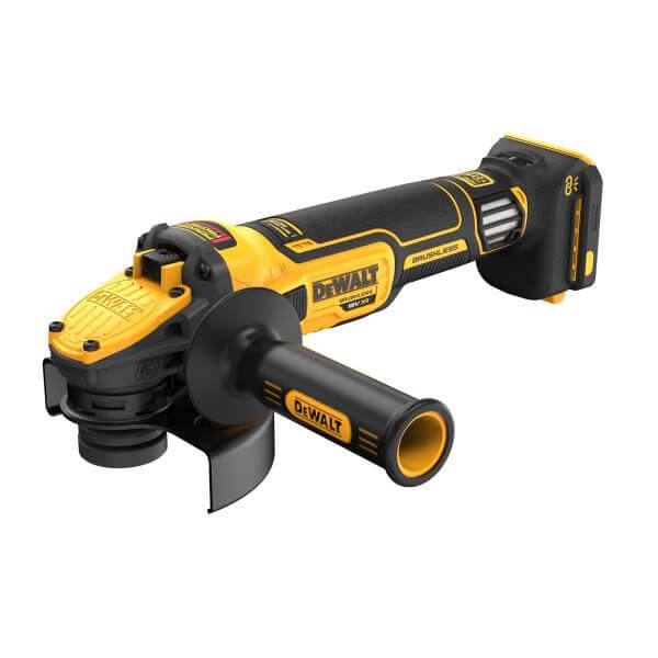 Smerigliatrice angolare brushless 125mm DeWALT DCG409VSNT-XJ con motore brushless e velocità variabile.