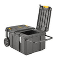 Vasca portautensili con ruote 113 litri DeWALT DWST17871-1 con coperchio a doppia apertura e ruote rinforzate.