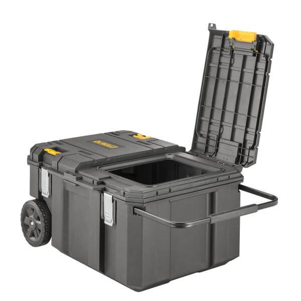 Vasca portautensili con ruote 113 litri DeWALT DWST17871-1 con coperchio a doppia apertura e ruote rinforzate.