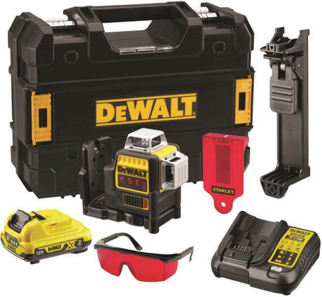 Set laser multilinea rosso DeWALT 360 gradi con batteria, caricabatteria e accessori in custodia.
