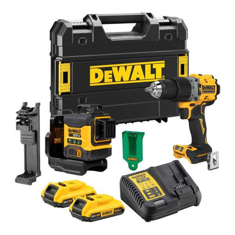 DeWALT DCK2095D2T-QW - KIT trapano percussione DCD805 + DCLE34031 Laser 3x360° + 1 batteria XR 18V 5Ah + caricabatteria DeWALT