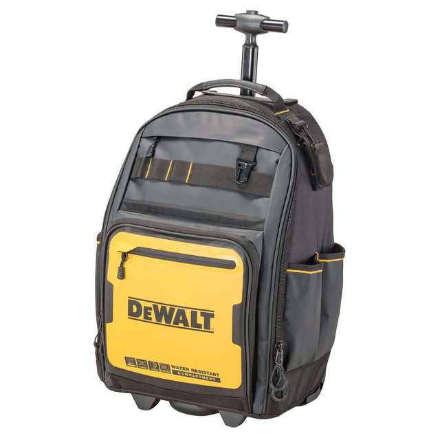 Zaino trolley DeWALT 1680D con ruote, tessuti resistenti, 46 tasche e scomparto per laptop.