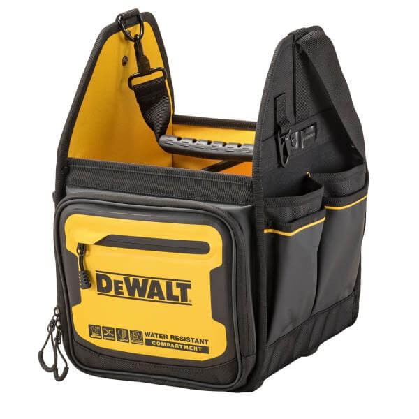 Borsa aperta 11 pollici DeWALT con tracolla e scompartimento impermeabile, tessuti di alta qualità.