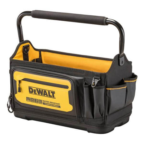 borsa rettangolare aperta DeWALT 20 pollici con maniglione e tasche, design innovativo e resistente all'acqua.