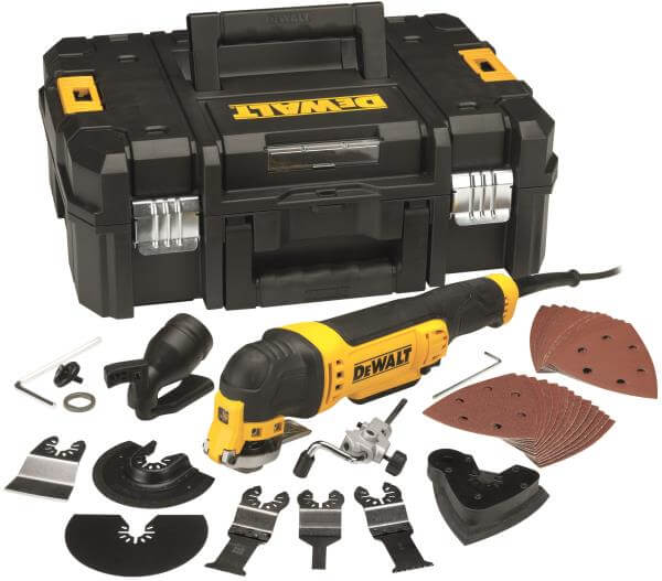Utensile oscillante DeWALT 300 Watt con accessori e valigetta per il trasporto.