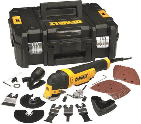 Utensile oscillante DeWALT 300 Watt con accessori e valigetta per il trasporto.