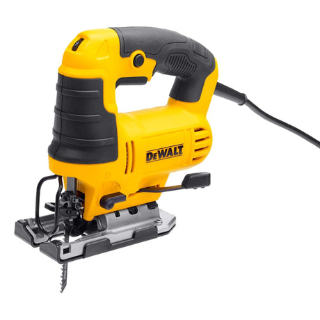 Seghetto alternativo DeWALT 650W con impugnatura a staffa e attacco lama rapido universale.