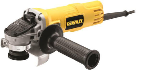 Smerigliatrice angolare DeWALT 115mm con interruttore No-Volt e impugnatura laterale orientabile.