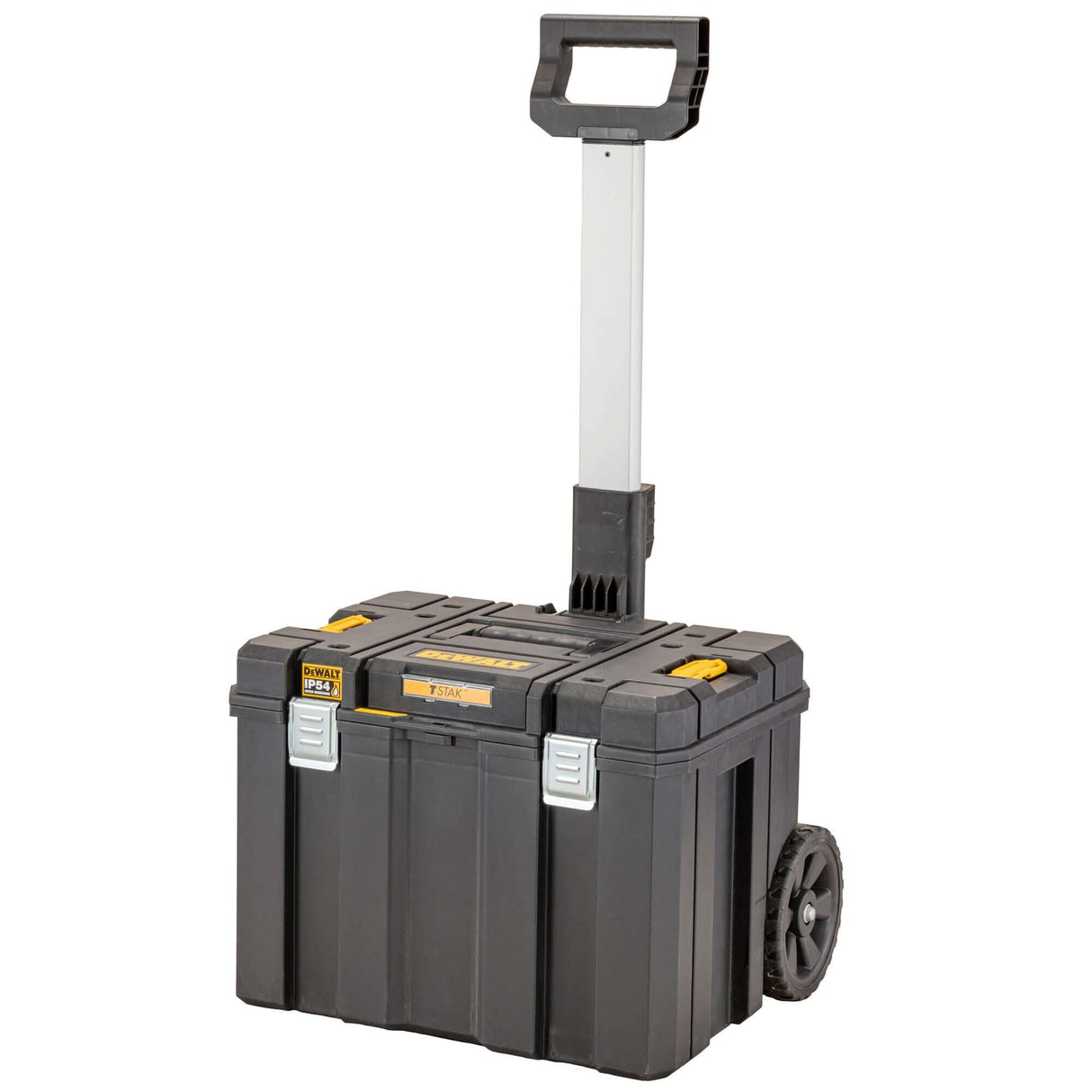 Vasca con ruote DeWALT TSTAK, con impugnatura telescopica e ruote da 7" per trasporto facile.
