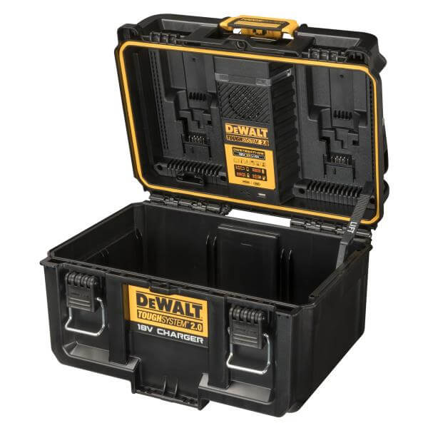Caricabatterie doppio ToughSystem 2.0 DeWALT aperto con design resistente e porta caricabatterie interna.