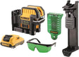 Tracciatore laser verde DeWALT con accessori e occhiali, precisione e tecnologia autolivellante.