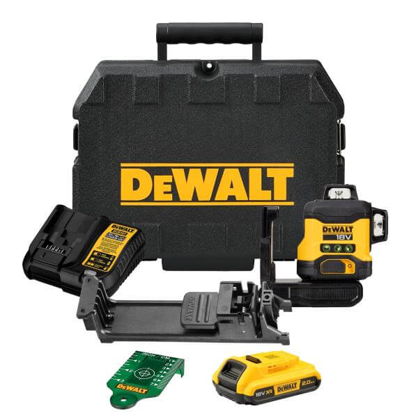 Laser multilinea verde DeWALT 18V con accessori e custodia resistente per un uso professionale.