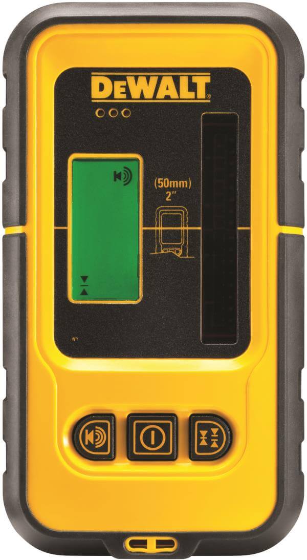 Ricevitore laser a linee DeWALT, con schermo LCD illuminato e classifica di impermeabilizzazione IP54.