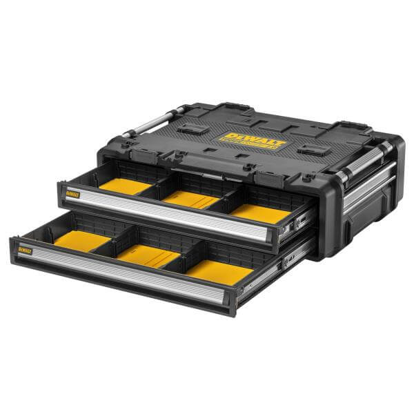 cassetto TOUGHSYSTEM 2.0 DXL DeWALT con due cassetti gialli e neri per organizzazione e stoccaggio.
