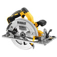 sega circolare 18V brushless DeWALT in primo piano con lama e scarpa per guide rettilinea