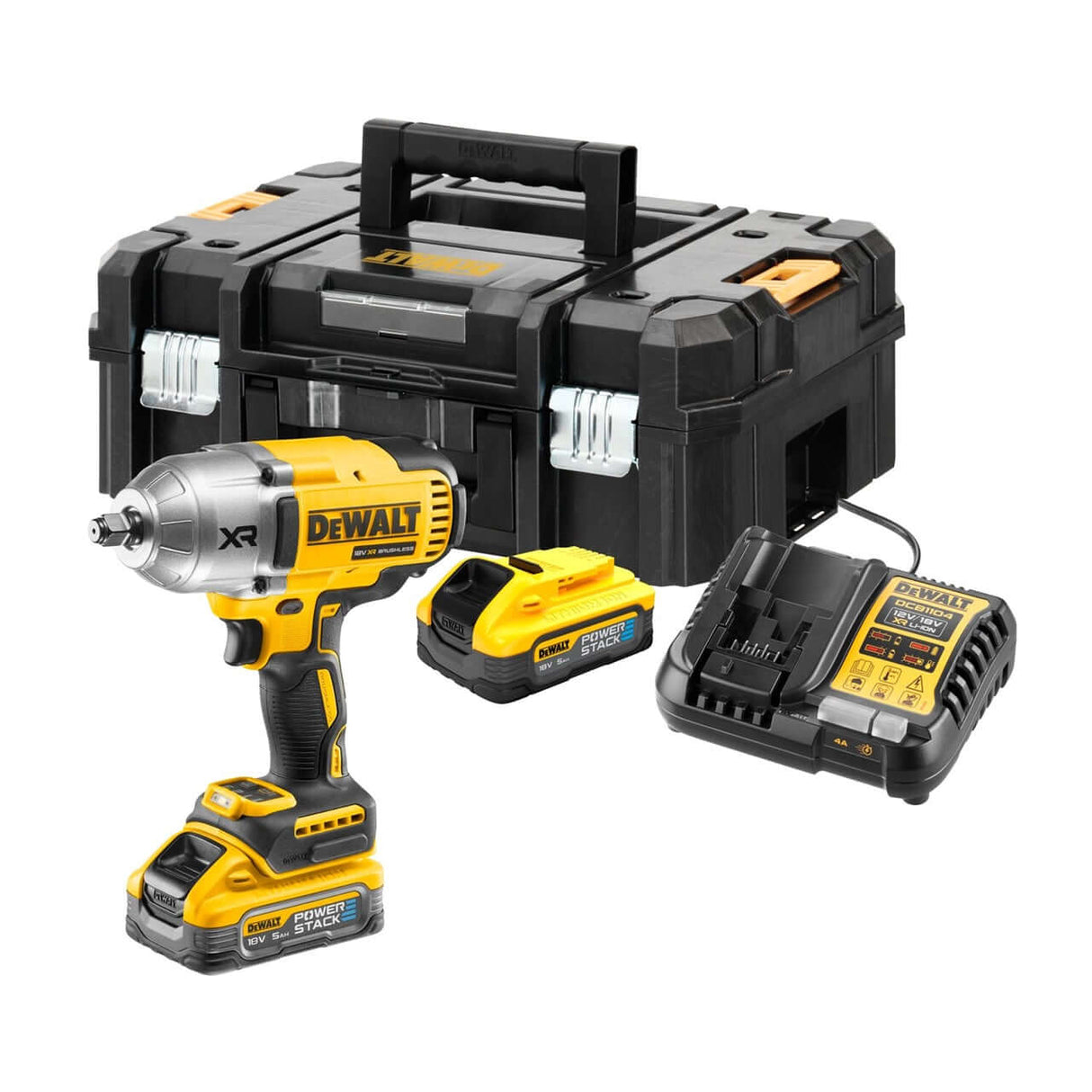 Avvitatore ad impulsi DeWALT 18V con batteria, caricatore e scatola per il trasporto.