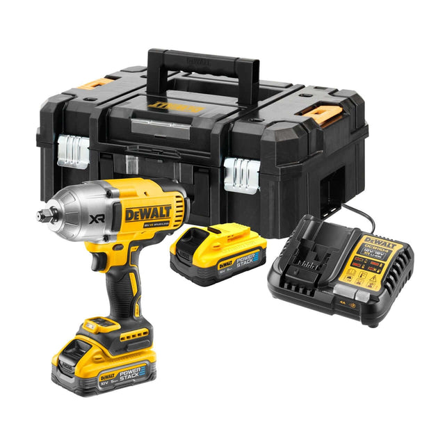 Avvitatore ad impulsi DeWALT 18V con batteria, caricatore e scatola per il trasporto.
