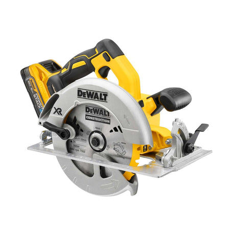 Sega circolare 18V brushless DeWALT con motore, lama e guida parallela, ideale per tagli precisi.
