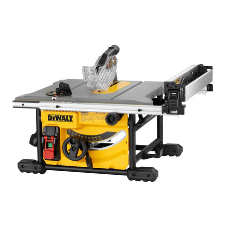 Sega a banco DeWALT DWE7485-QS con motore universale a spazzole e accessori per taglio.