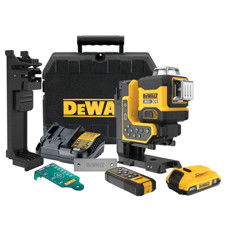 tracciatore laser 3 x 360° DeWALT con telecomando, batteria e accessori in custodia robusta.