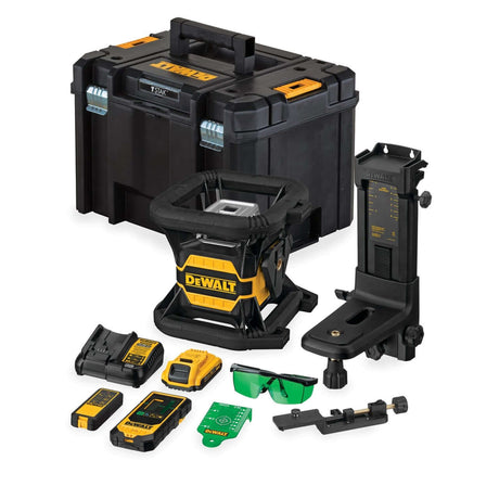 Laser rotante verde autolivellante DeWALT con accessori e valigetta per trasporto.
