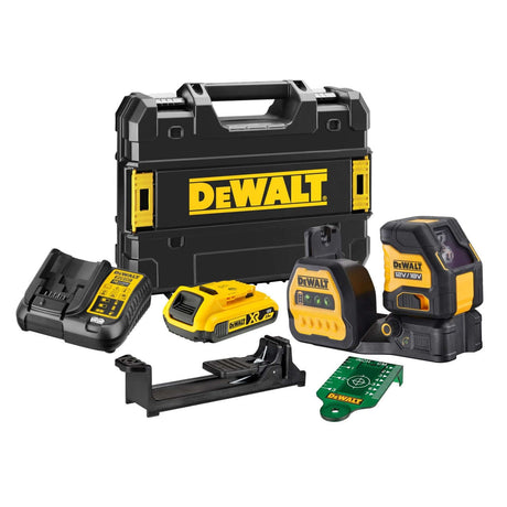 laser multilinea verde DeWALT con batteria e accessori in valigetta di trasporto